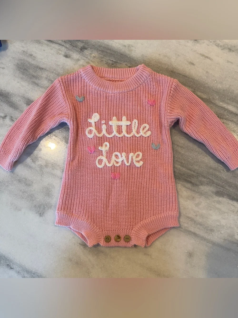 New Baby Girl Embroidered 0-3 Little Love Pink Knit Long Sleeve Bodysuit Romper